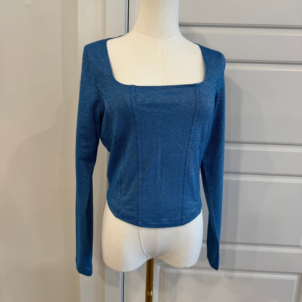 Hollister Blue Metallic Shimmer Long Sleeve Corset Top Square Neck Large EUC